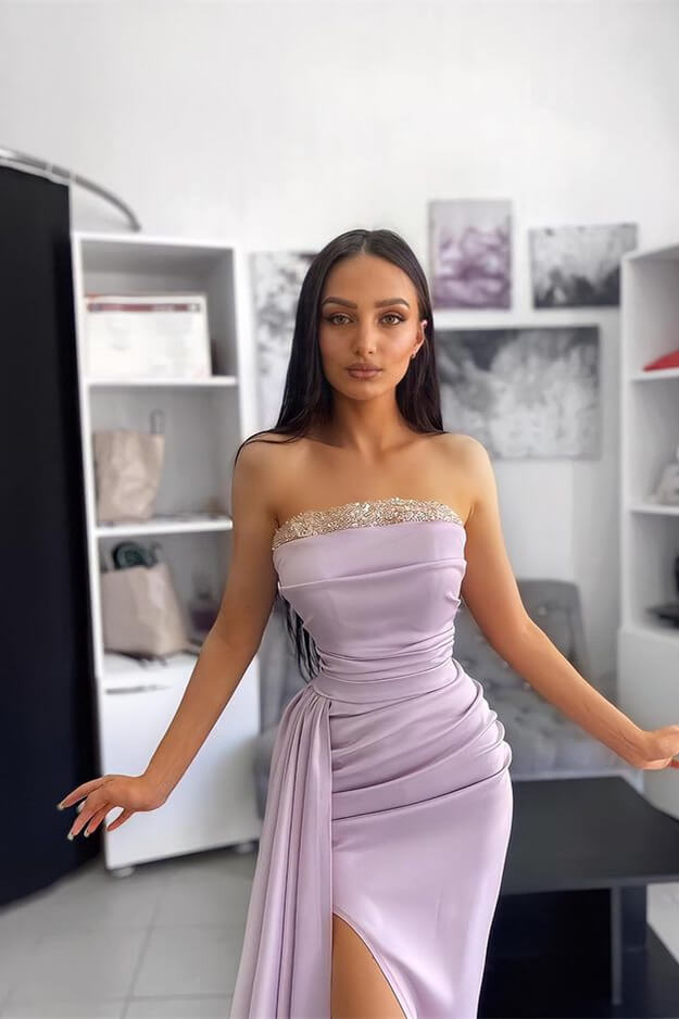Purple Strapless Mermaid Side Split Prom Dress Ruffles With Appliques