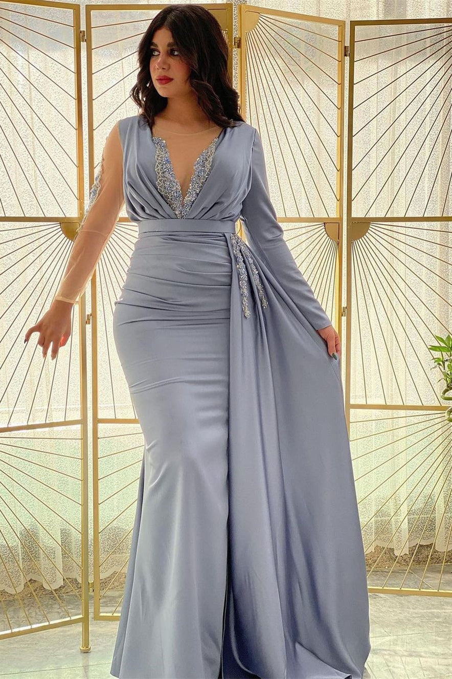 Mermaid Long Sleeves Prom Dress Slit With Ruffle