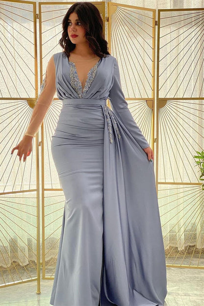 Mermaid Long Sleeves Prom Dress Slit With Ruffle