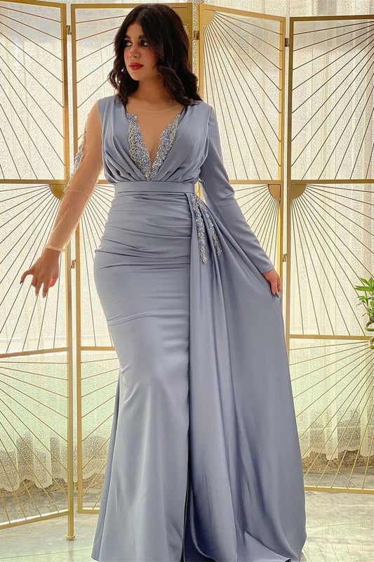Mermaid Long Sleeves Prom Dress Slit With Ruffle