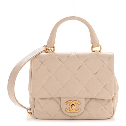 Shiny Caviar Quilted Mini Top Handle Flap Ecru