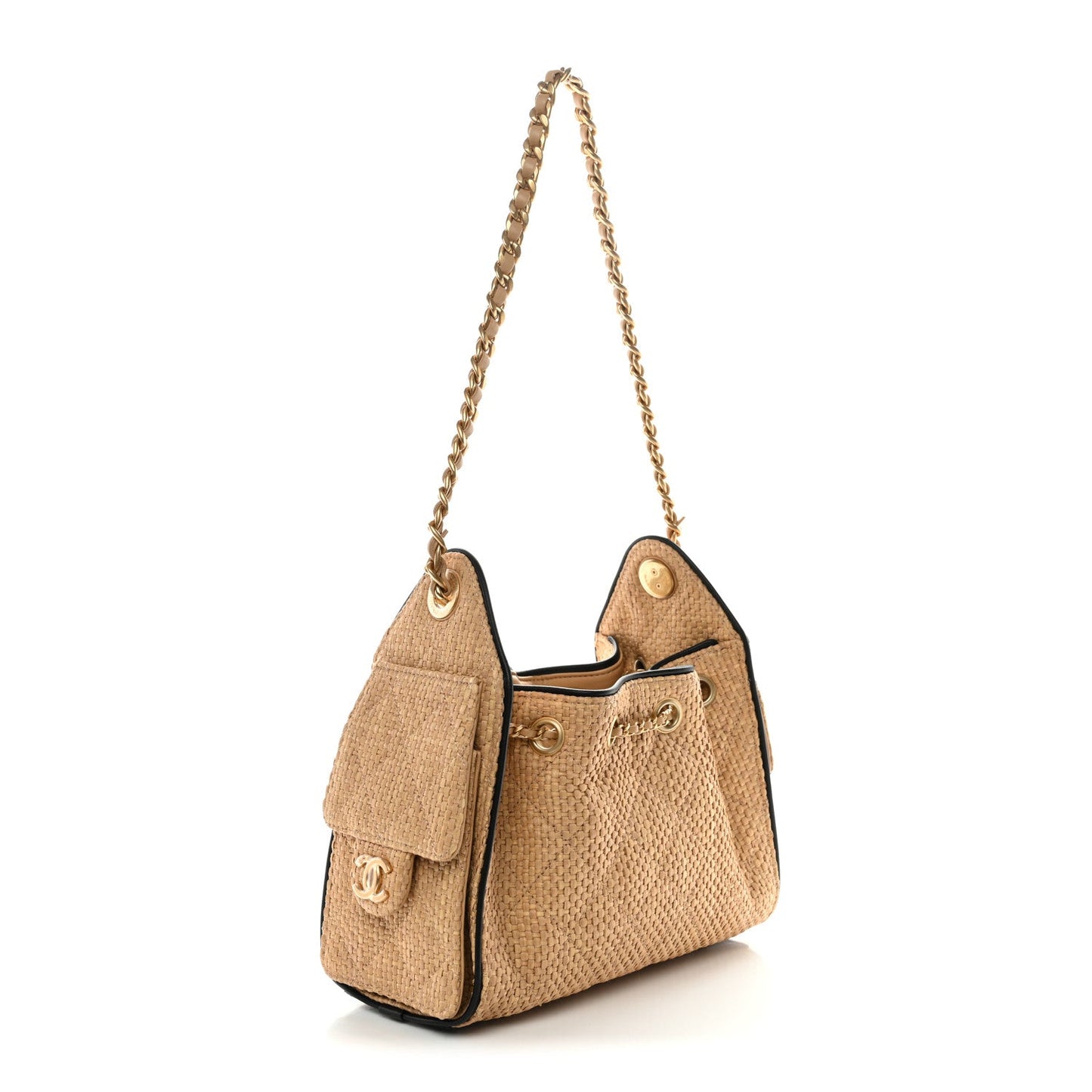 Braided Raffia Calfskin Quilted Mini Chanel 25 Handbag Beige Black