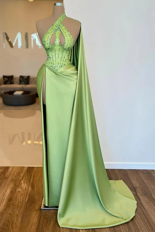 Sleeveless Halter Straps Mermaid Beads Prom Dress