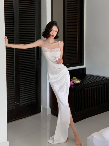 Elegant White Sheath Spaghetti Strap Lace Satin Long Prom Dress Vacation Dress with Slit SH4314