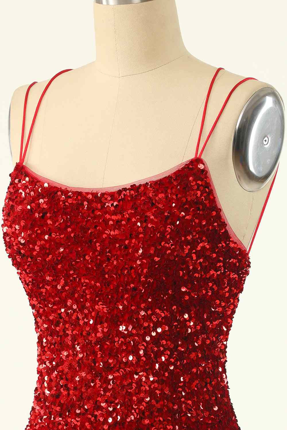 Red Sheath Double Straps Lace-Up Back Sequins Mini Homecoming Dress