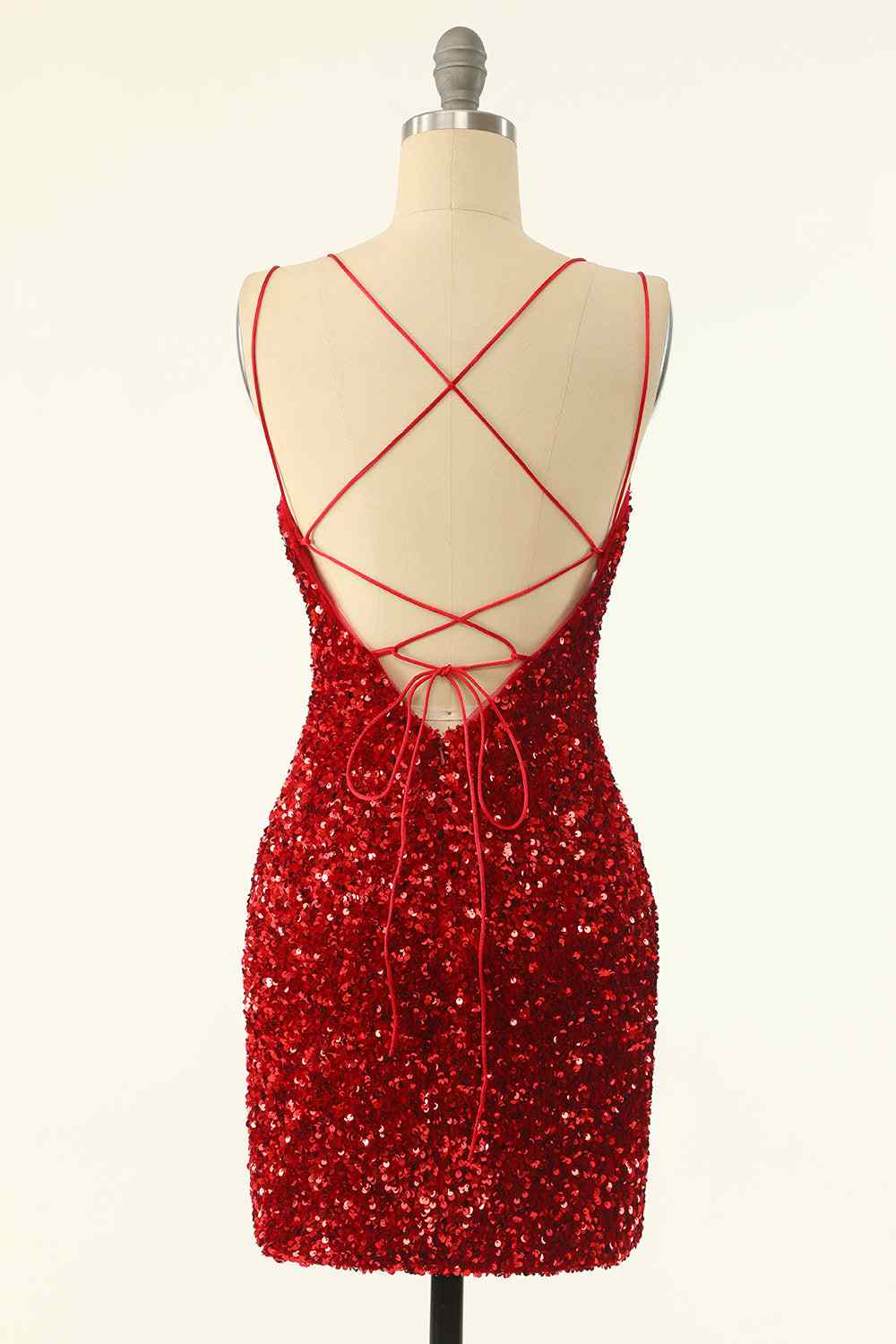 Red Sheath Double Straps Lace-Up Back Sequins Mini Homecoming Dress