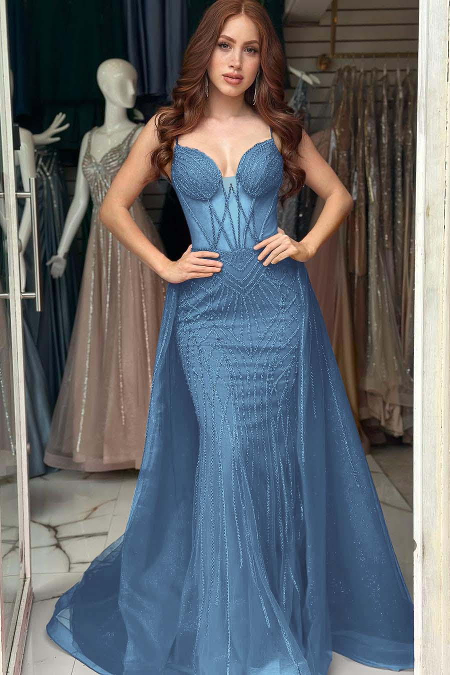 Elegant Red Sequins Spaghtti Strap Sleeveless Sweetheart Prom Dress with Detachable Train