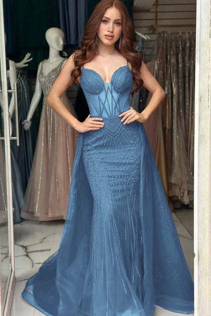 Elegant Red Sequins Spaghtti Strap Sleeveless Sweetheart Prom Dress with Detachable Train