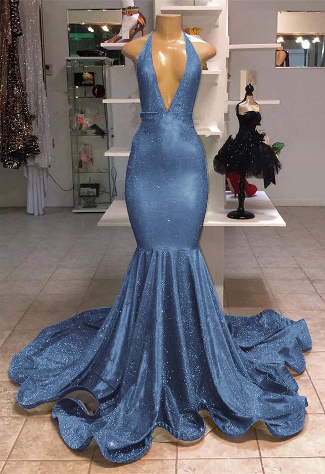 V-Neck Mermaid Evening Dress Halter With Sequins