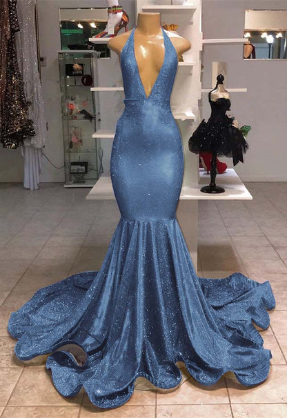 V-Neck Mermaid Evening Dress Halter With Sequins