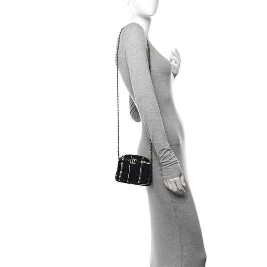 Tweed Quilted Mini Clutch With Chain Black White