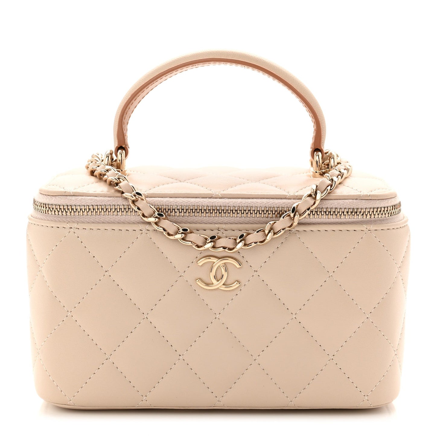 Lambskin Quilted Small Top Handle Vanity Case With Chain Ecru Dark Beige