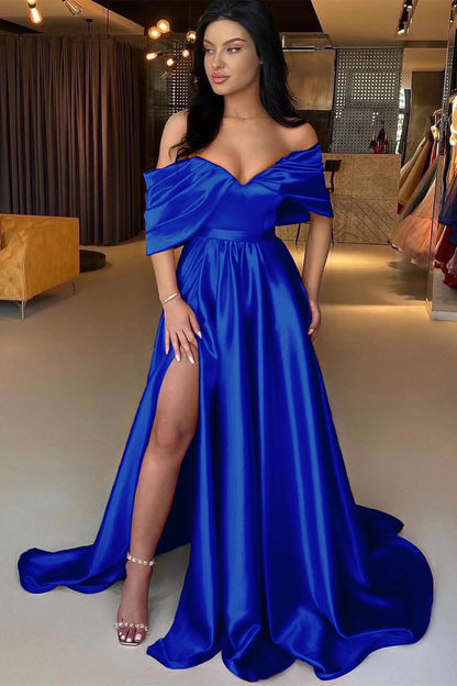 Red A Line Off The Shoulder Prom Dress Split