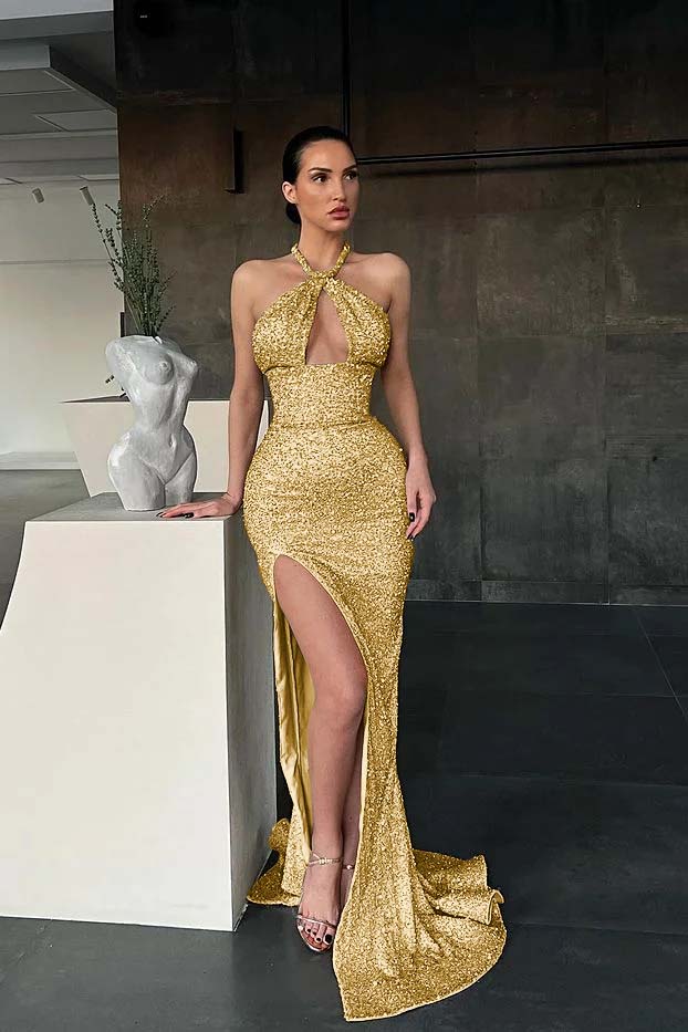 Sleeveless Halter Long Sequins Mermaid Evening Dress With Slit