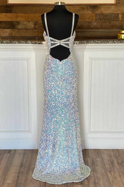 Sparkle Mermaid Evening Dress Slit Spaghetti-Straps With Sequins