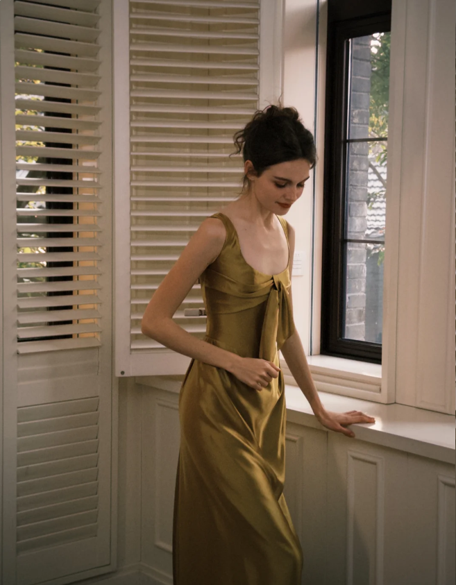 Elegant Olive Green Square Neck Bow Satin Long Prom Dress Evening Dress P4750