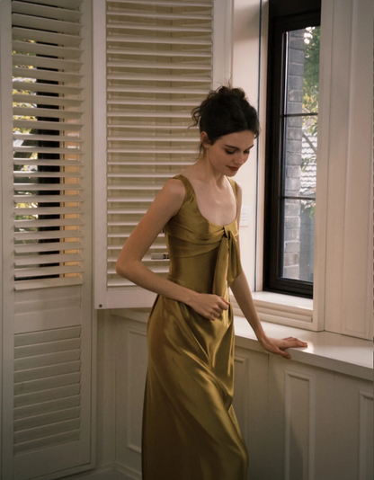 Elegant Olive Green Square Neck Bow Satin Long Prom Dress Evening Dress P4750