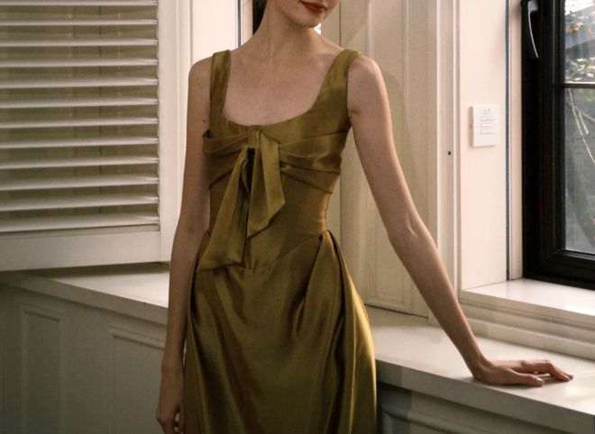 Elegant Olive Green Square Neck Bow Satin Long Prom Dress Evening Dress P4750
