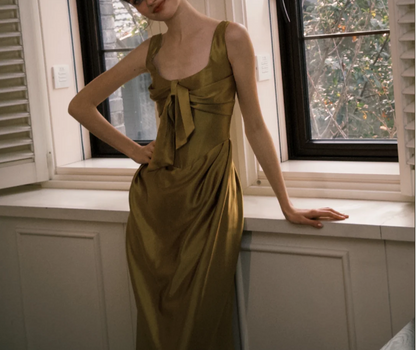 Elegant Olive Green Square Neck Bow Satin Long Prom Dress Evening Dress P4750
