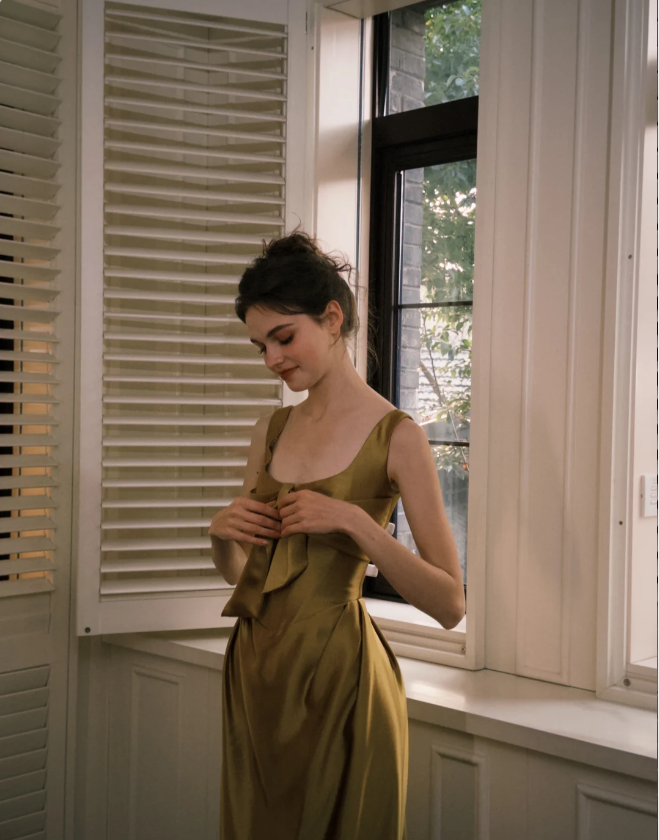 Elegant Olive Green Square Neck Bow Satin Long Prom Dress Evening Dress P4750