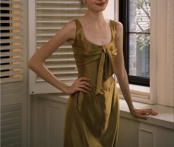 Elegant Olive Green Square Neck Bow Satin Long Prom Dress Evening Dress P4750