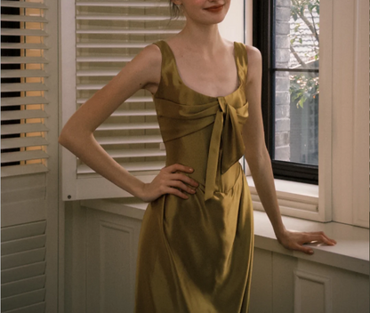 Elegant Olive Green Square Neck Bow Satin Long Prom Dress Evening Dress P4750