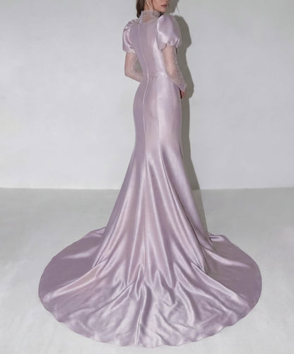 Elegant Short Sleeves Square Mermaid Long Evening Dress With Lace