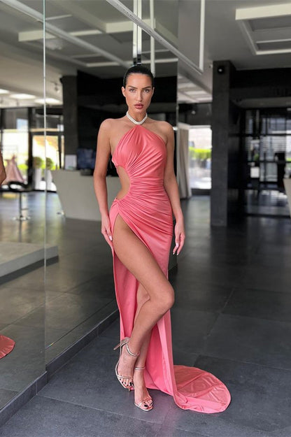 Halter Sleeveless Pink Mermaid Prom Dress Long Slit Online