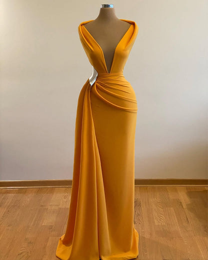 Simple Orange Sleeveless Deep V-Neck Mermaid Prom Dress