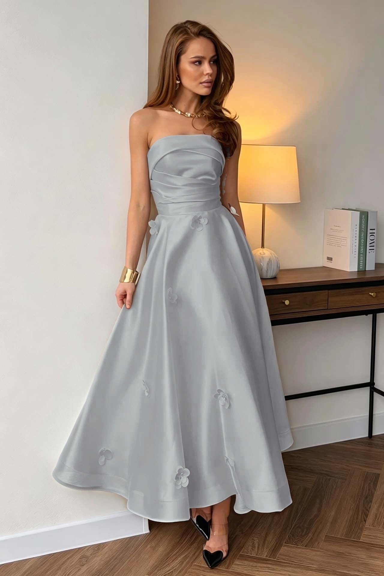 Black Strapless A-Line Evening Dress Sleeveless in Satin with Flower