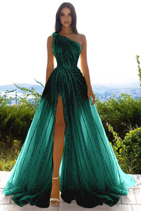 Sequins One Shoulder Prom Dress Daffodil With Front Slit