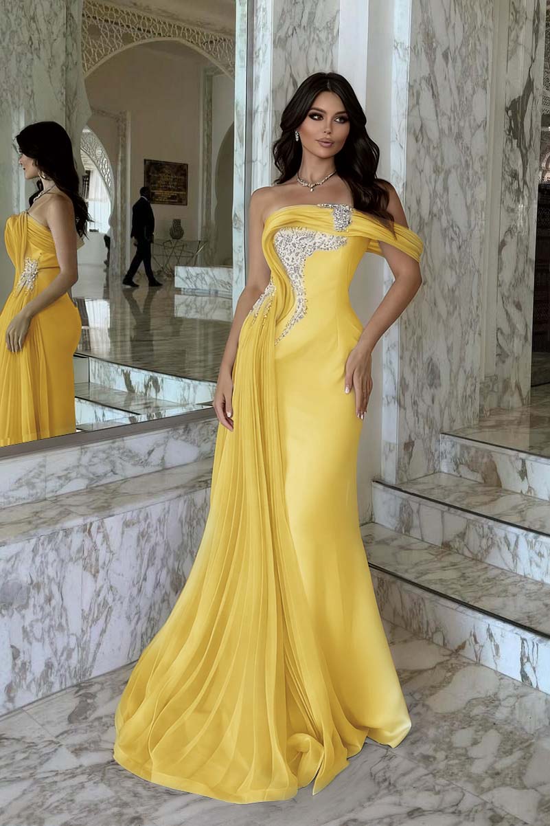 Elegant Pink Satin One Shoulder Beaded Strapless Prom Dress with Train
