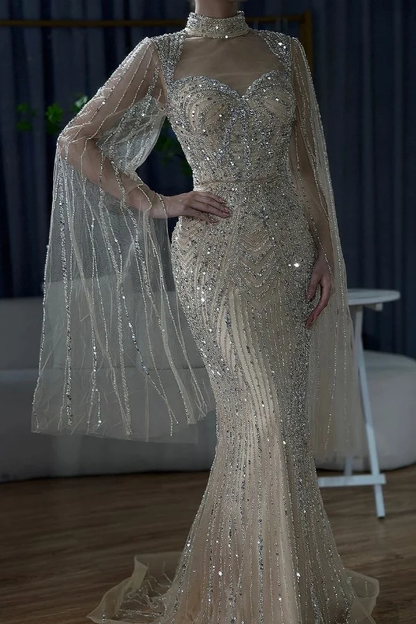Luxurious High-Neck Sequins Sweetheart Mermaid Tulle Prom Dress