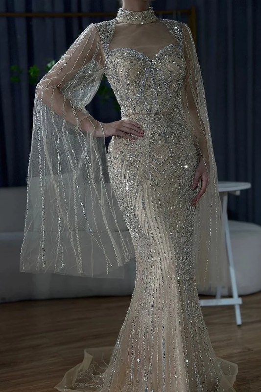Luxurious High-Neck Sequins Sweetheart Mermaid Tulle Prom Dress