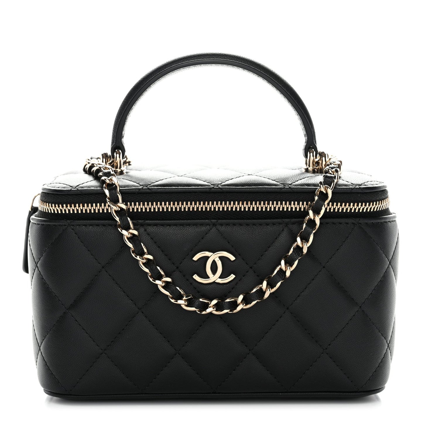 Lambskin Quilted Small Top Handle Vanity Case With Chain Black