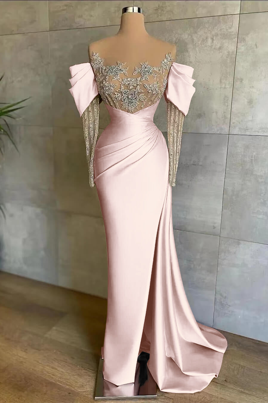 Pink Front Split Mermaid Long Sleeves Prom Dress Beadings With Appliques Off-The-Shoulder