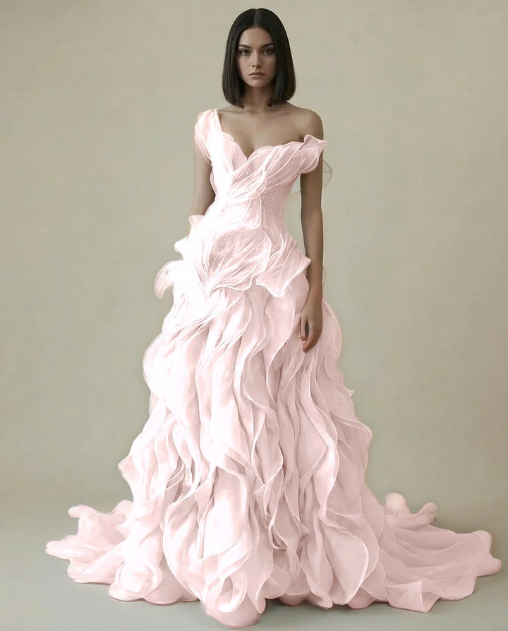 Dreamy Sky Blue V-Neck Pleated Ruffles Long Evening Dress