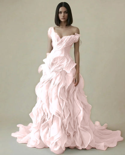 Dreamy Sky Blue V-Neck Pleated Ruffles Long Evening Dress