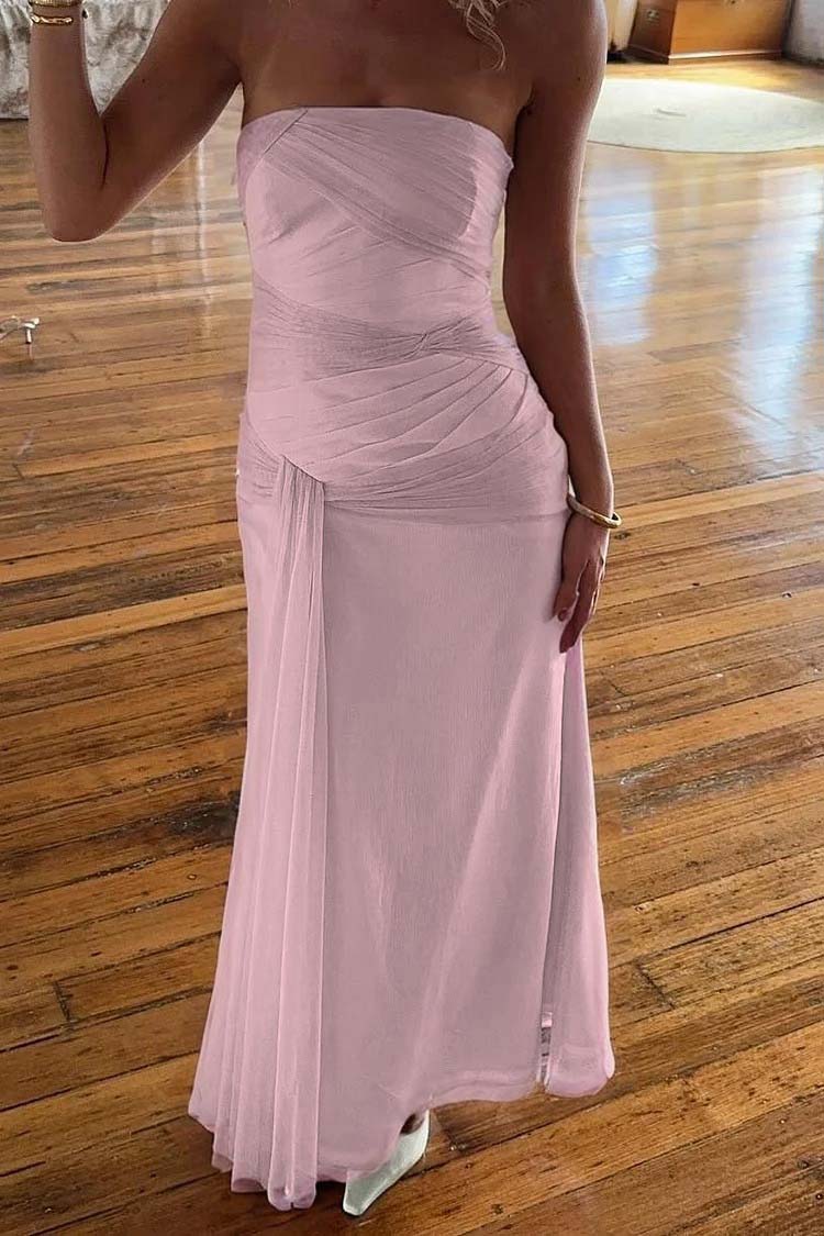 Chic Strapless Sleeveless Long Mermaid Prom Dress With Pleated