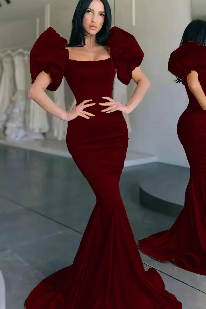 Yellow Square Bubble Sleeves Mermaid Long Prom Dress