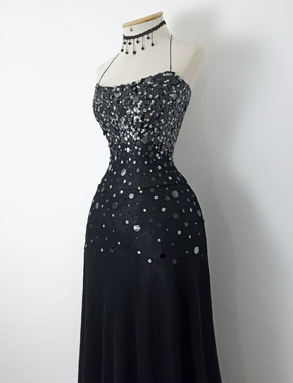 Retro A Line Spaghetti Strap Black Sequin Chiffon Evening Dress Party Dress SH3165