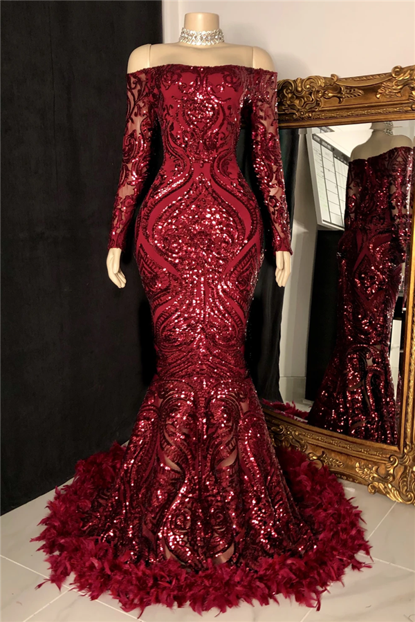 Long Sleeves Mermaid Prom Dress Sequins Burgundy With Feather