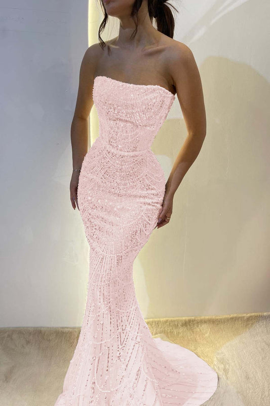 White Sleeveless Strapless Sequins Beadeds Mermaid Prom Dress
