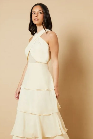 Sleeveless Halter Straps A Line Long Ruffles Prom Dress