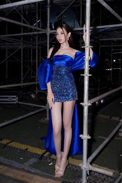 Royal Blue Sheath Strapless Sequin Satin Short Prom Dress Homecoming Dress SH4092