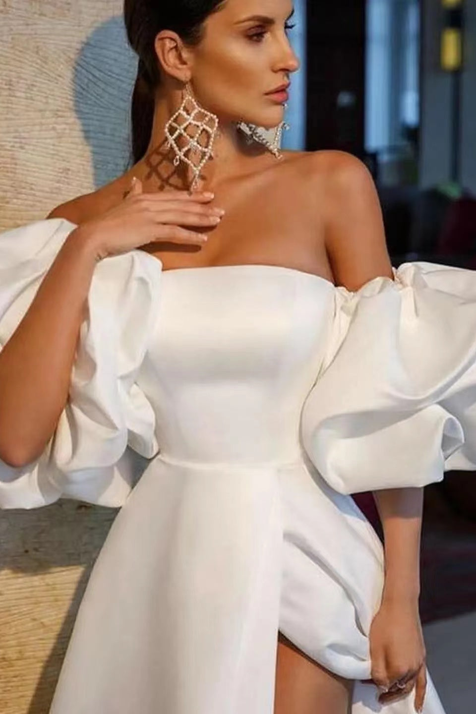 White Off-The-Shoulder Bubble Sleeves Long Evening Dress With Slit