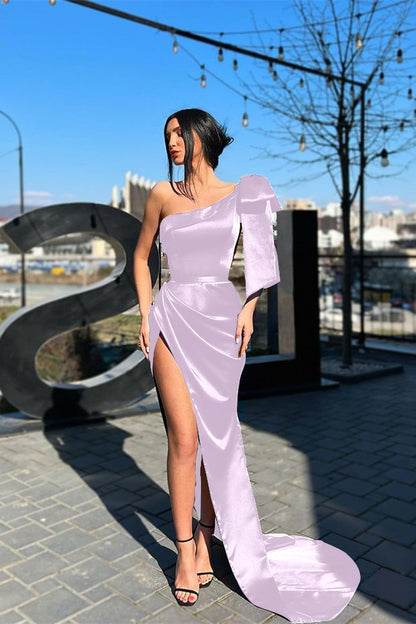 One-Shoulder Purple Long Mermaid Evening Dress With Slit