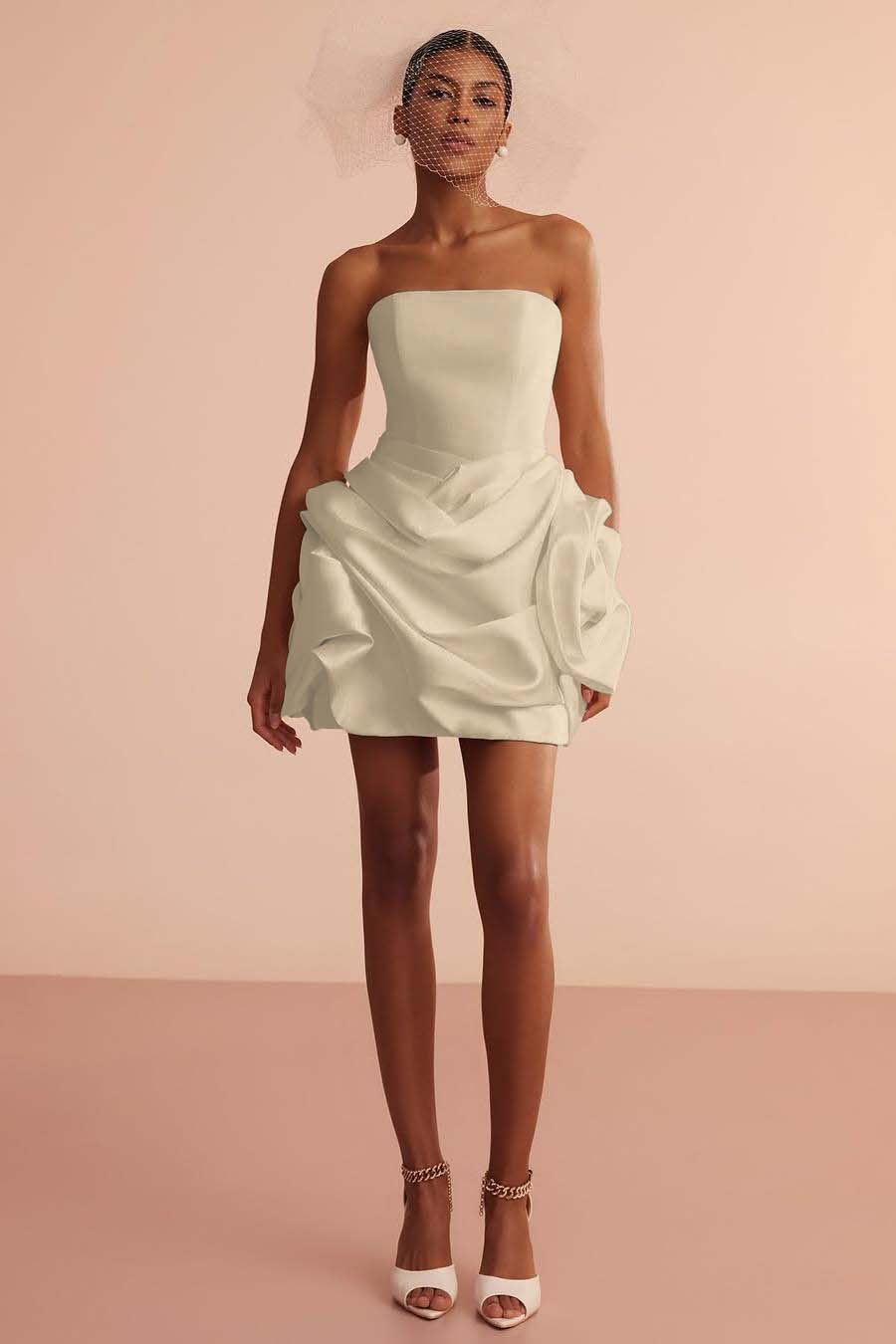 Exquiste Cream Satin Strapless Sleeveless Short Prom Dress with Pleated