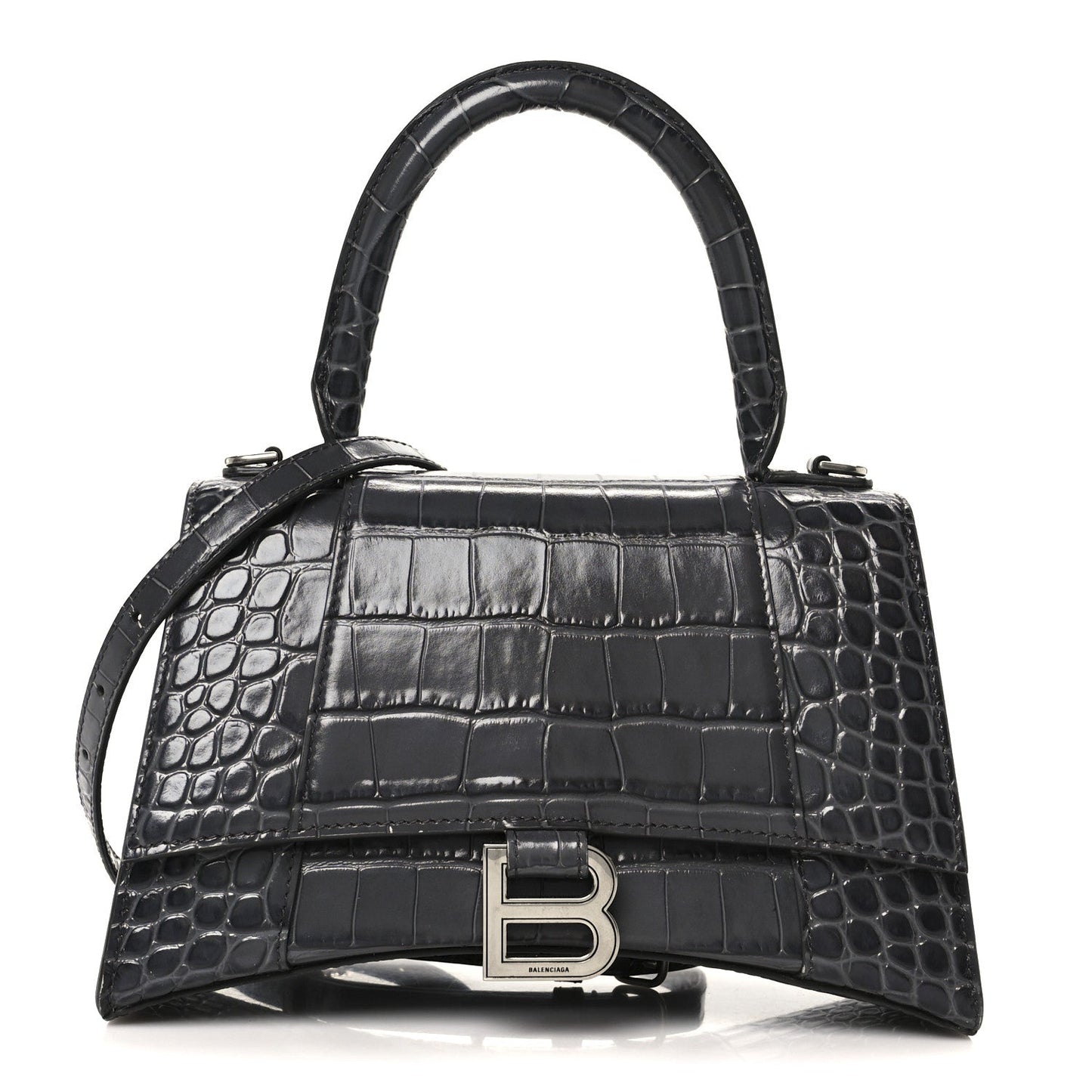 Shiny Calfskin Crocodile Embossed Small Hourglass Top Handle Bag Dark Grey