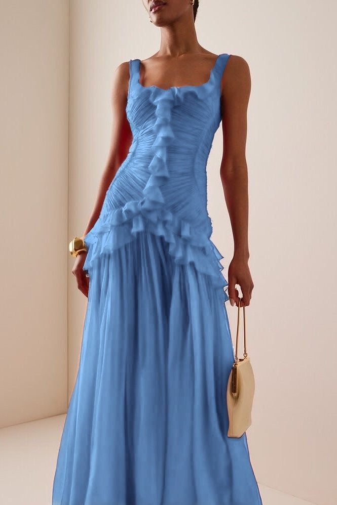 Elegant Ruffled Red Sleeveless Square Long Prom Dress With Pleated